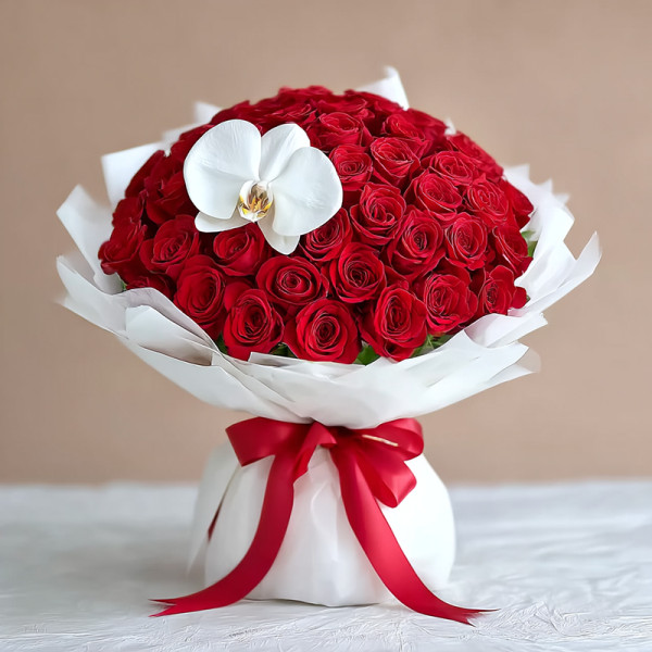 Eternal Flame — Red Roses and White Orchid Elegance