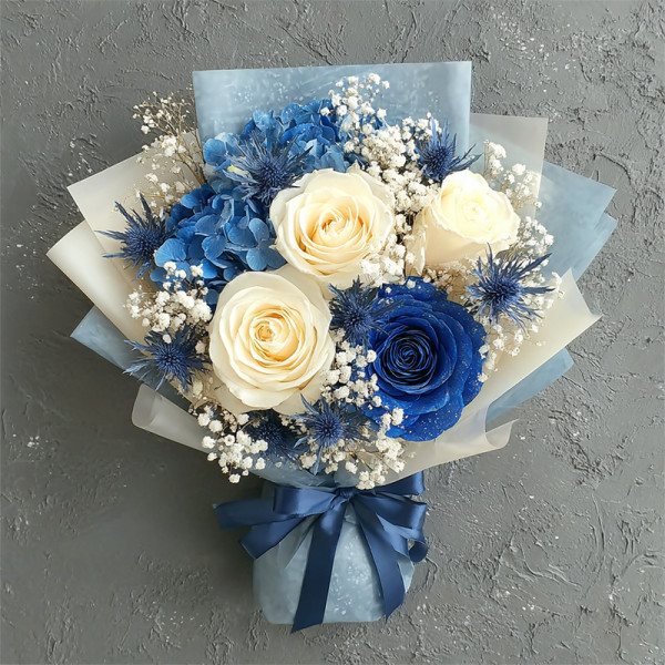 Whispers of the Deep — Blue Hydrangea and Rose